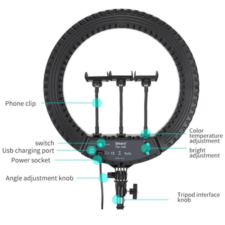 JMARY FM-18R LED Beauty Ring Light 18-inch Photography Live Streaming Fill Light(US Plug)