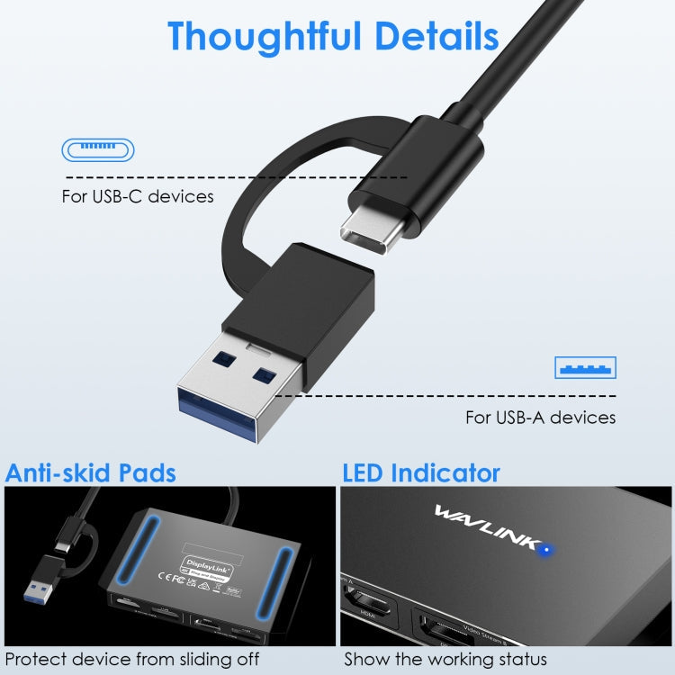 WAVLINK WL-UG69DH2 Dual Monitor USB+Type-C to Dual 4K HD DisplayPort Adapter Splitter, WL-UG69DH2