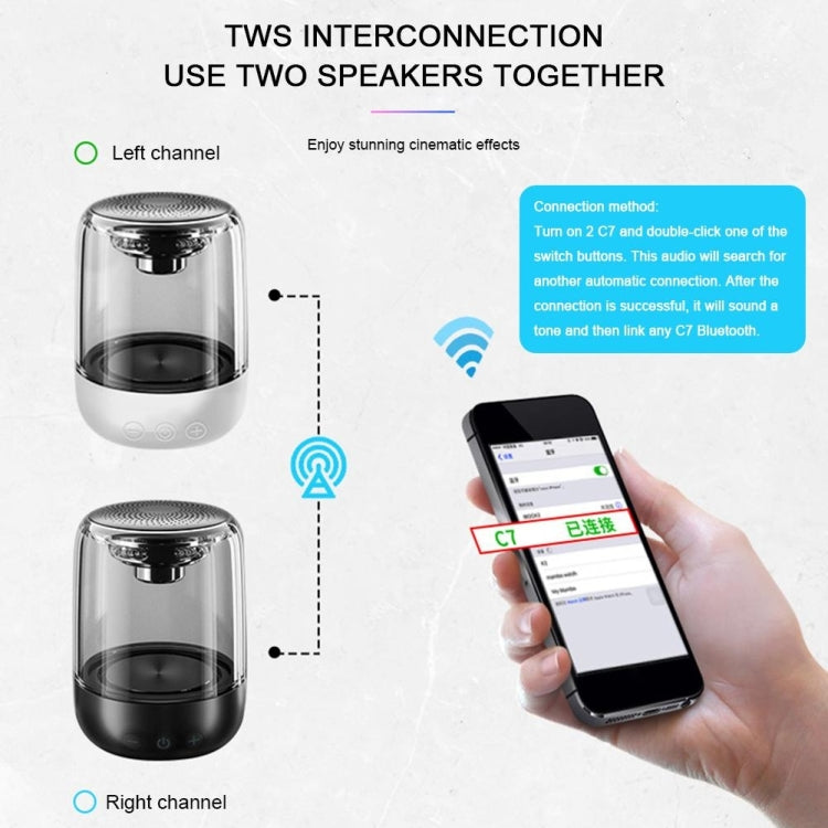 C7 Bluetooth 5.0 Speaker Transparent LED Luminous Subwoofer TWS 6D Surround HIFI Stereo Cool Audio(Black)