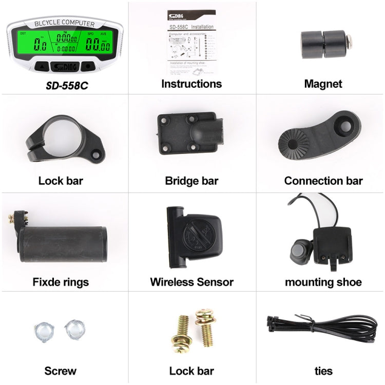 SUNDING SD-558C Bicycle Computer Wireless Digital LCD Backlight Road Speedometer Stopwatch Speedometer, SD-558C