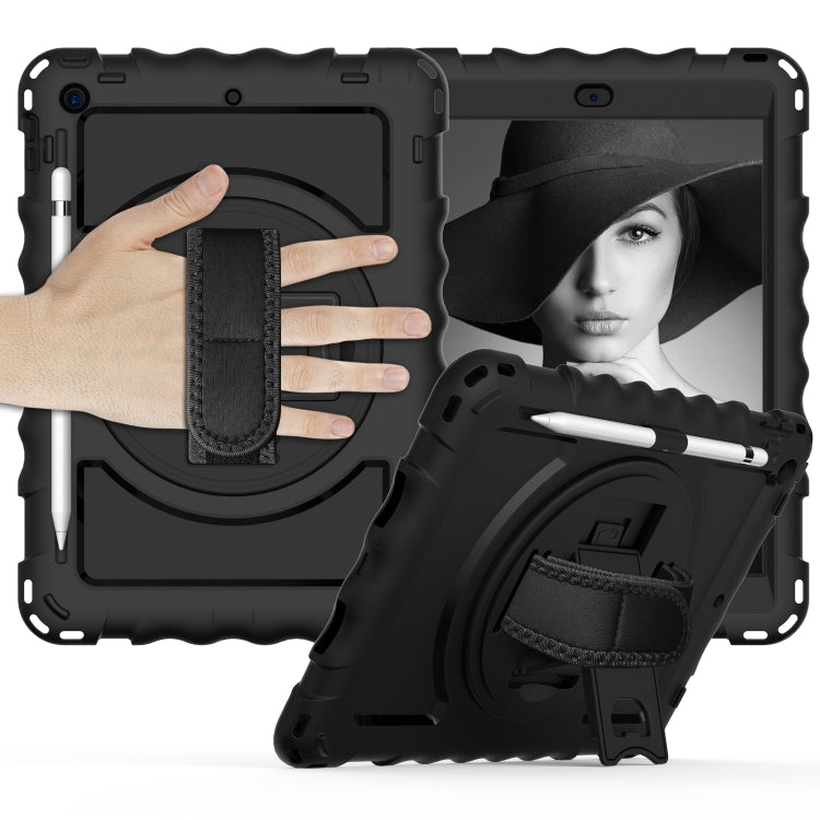 For iPad 10.2 360 Degree Rotating Case with Pencil Holder, Kickstand Shockproof Heavy Duty with Shoulder Strap,Hand Strap(Black)