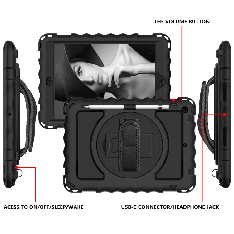 For iPad 10.2 360 Degree Rotating Case with Pencil Holder, Kickstand Shockproof Heavy Duty with Shoulder Strap,Hand Strap(Black)