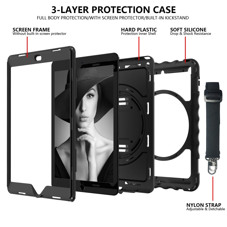 For iPad 10.2 360 Degree Rotating Case with Pencil Holder, Kickstand Shockproof Heavy Duty with Shoulder Strap,Hand Strap(Black)