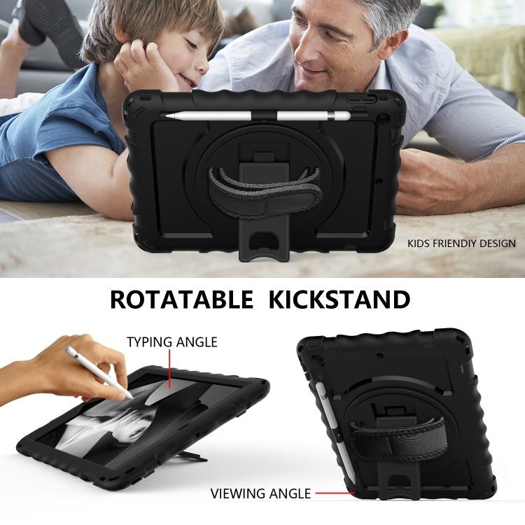 For iPad 10.2 360 Degree Rotating Case with Pencil Holder, Kickstand Shockproof Heavy Duty with Shoulder Strap,Hand Strap(Black)