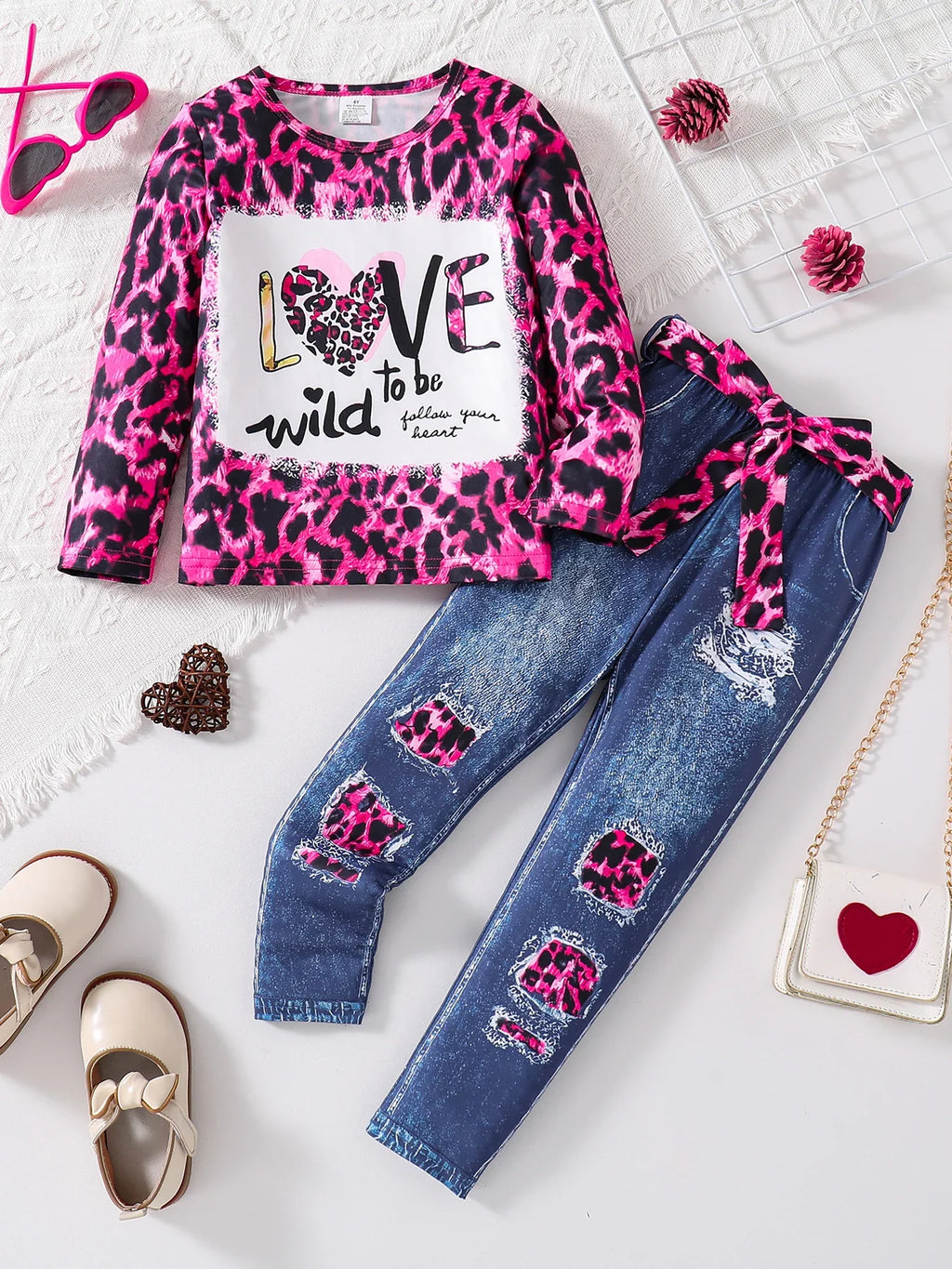 2-piece Spring and Autumn girls fashion set pink leopard print knit round neck