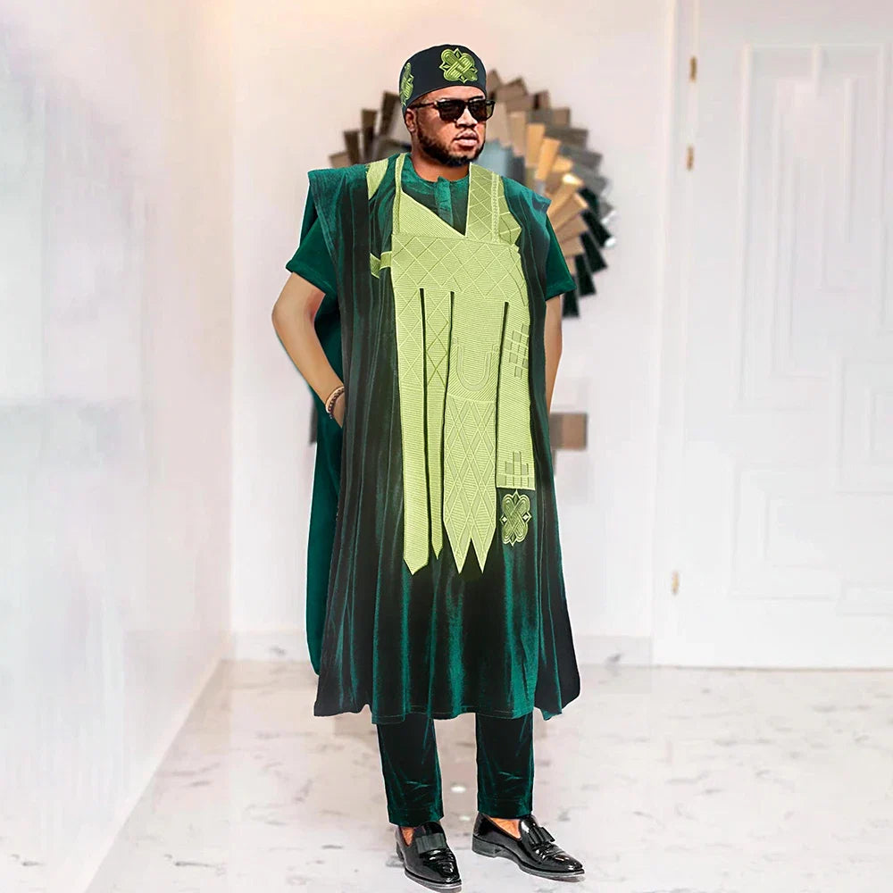 African Clothes for Men Clothing High-Quality Pink Embroidery With Hat Flannelette 3 Pcs Set