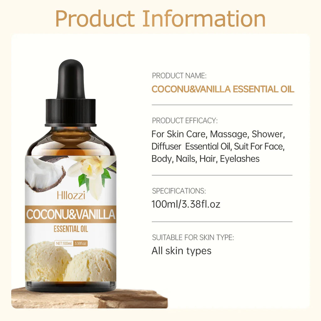 Coconut & Vanilla essential oil for body massage, aromatherapy diffuser, long lasting fragrance, suitable for all skin types.