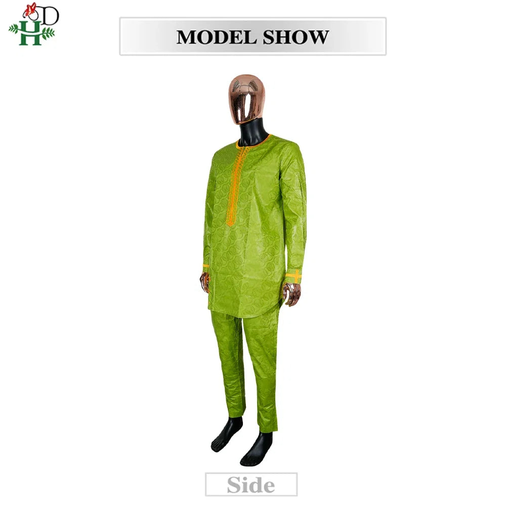 Men's Traditional Agbada 2PCS Green Bazin Riche Shirt and Pant