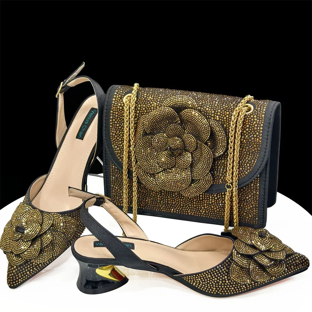 Large Flower Rhinestone Pointed Toe Slingback Pumps — Low Heel | 6 Colours | EU 37–43
