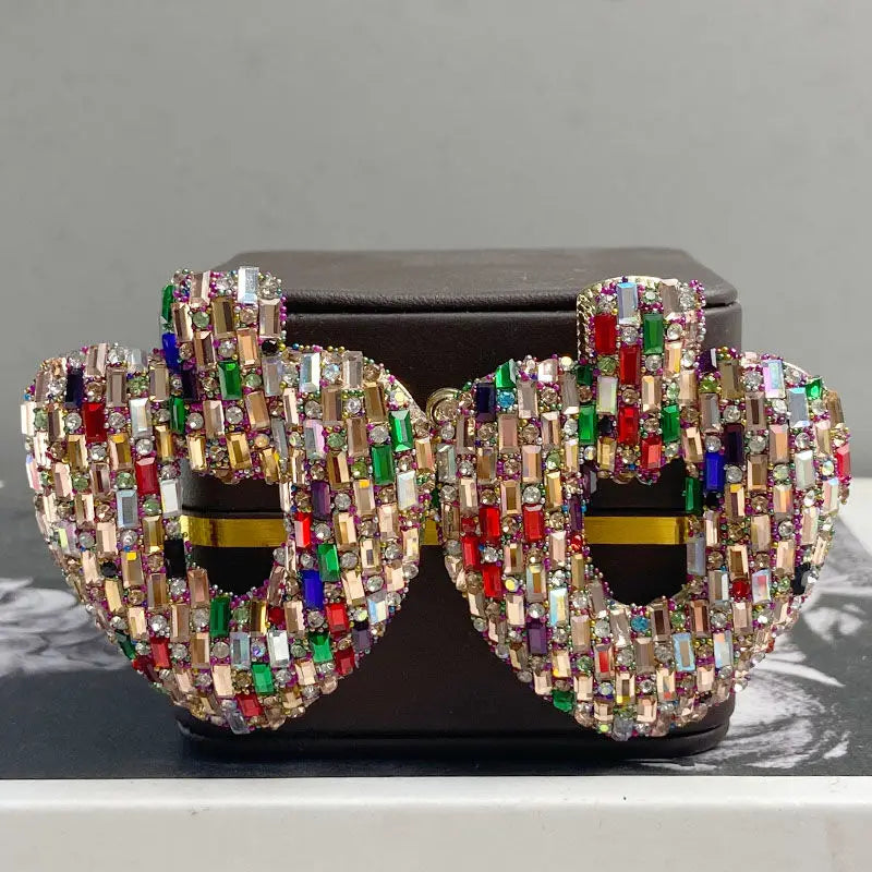Draweye Colorful Rhinestones Stud Earrings for Women Hyperbole Hearts Hollow