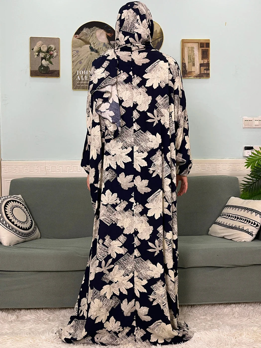 Women's Traditional Floral Ramadan Muslim Cotton Abayas Garment with attached Headscarf