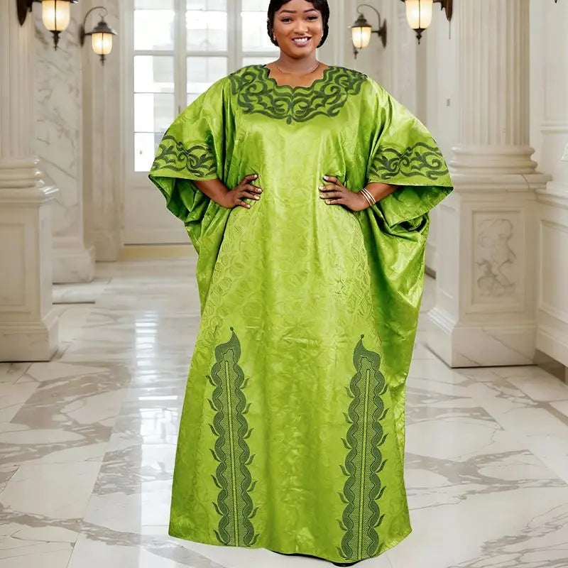 Women's African Boubou Dashiki Gown – Bazin Ankara Embroidered Kaftan Robe | Polyester-Spandex | One Size | 5 Colours