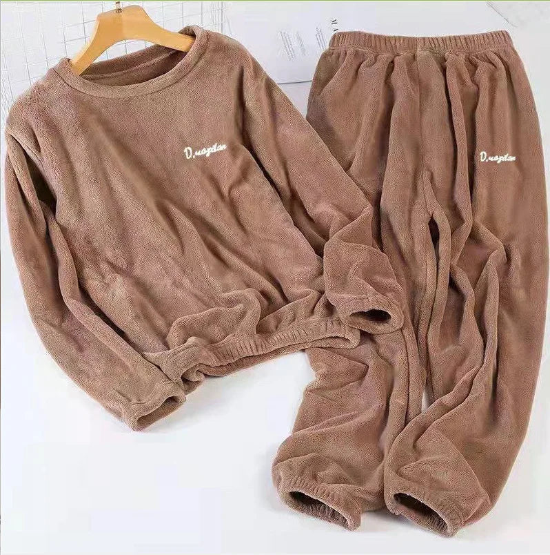 Double-Sided Coral Fleece Pajama Set Thickened Warm Leisure Wear for Autumn Winter Comfortable Polyester Sleepwear