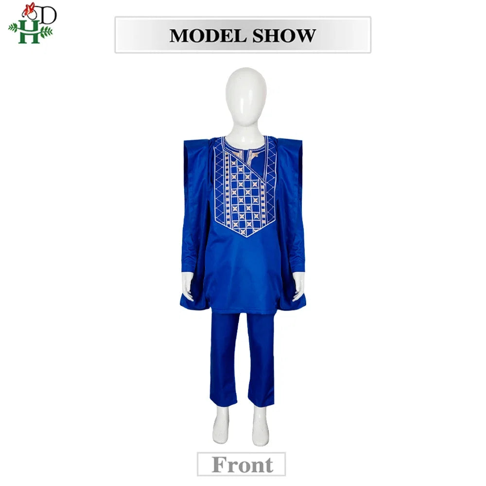Boys White Blue Long Sleeve Tops Embroidery Dashiki Robe Shirt And Pant Set 3 PCS