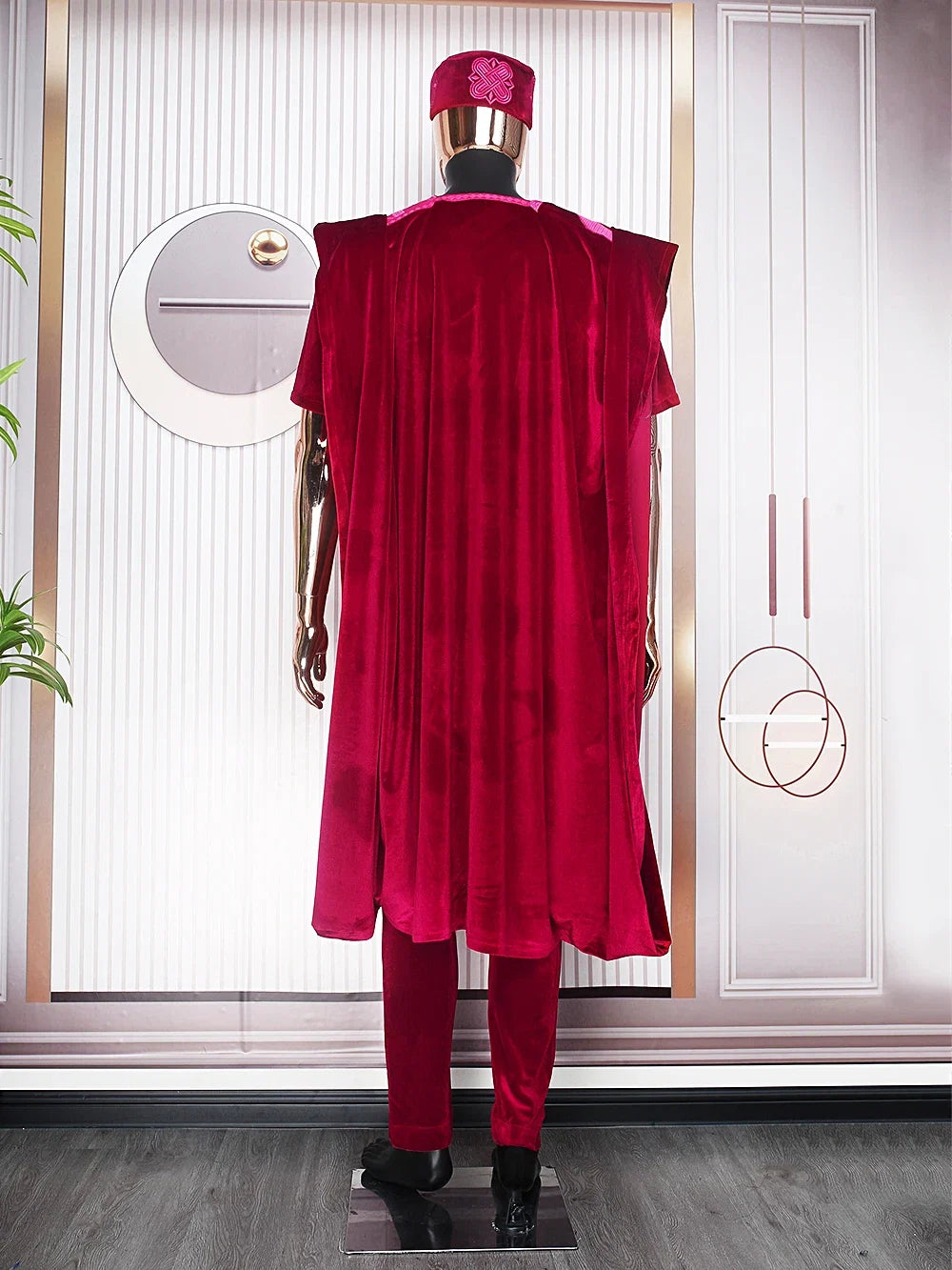 African Clothes for Men Clothing High-Quality Pink Embroidery With Hat Flannelette 3 Pcs Set