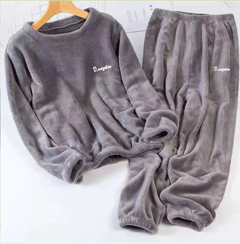 Double-Sided Coral Fleece Pajama Set Thickened Warm Leisure Wear for Autumn Winter Comfortable Polyester Sleepwear