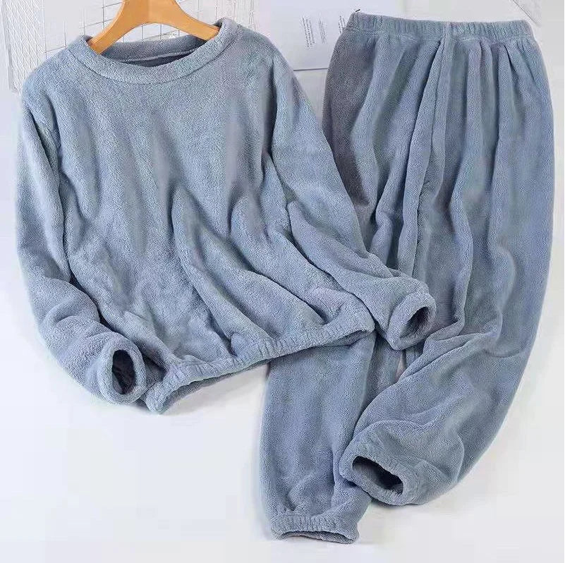 Double-Sided Coral Fleece Pajama Set Thickened Warm Leisure Wear for Autumn Winter Comfortable Polyester Sleepwear