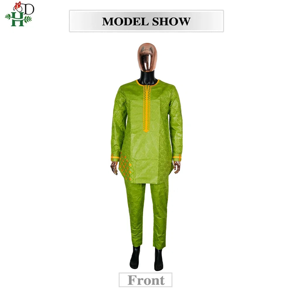 Men's Traditional Agbada 2PCS Green Bazin Riche Shirt and Pant
