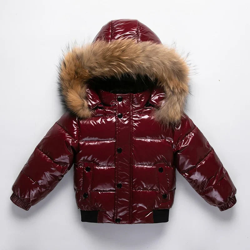 Kids Winter Down Jacket Real Faux Fur Waterproof Shiny Thick Warm Outerwear