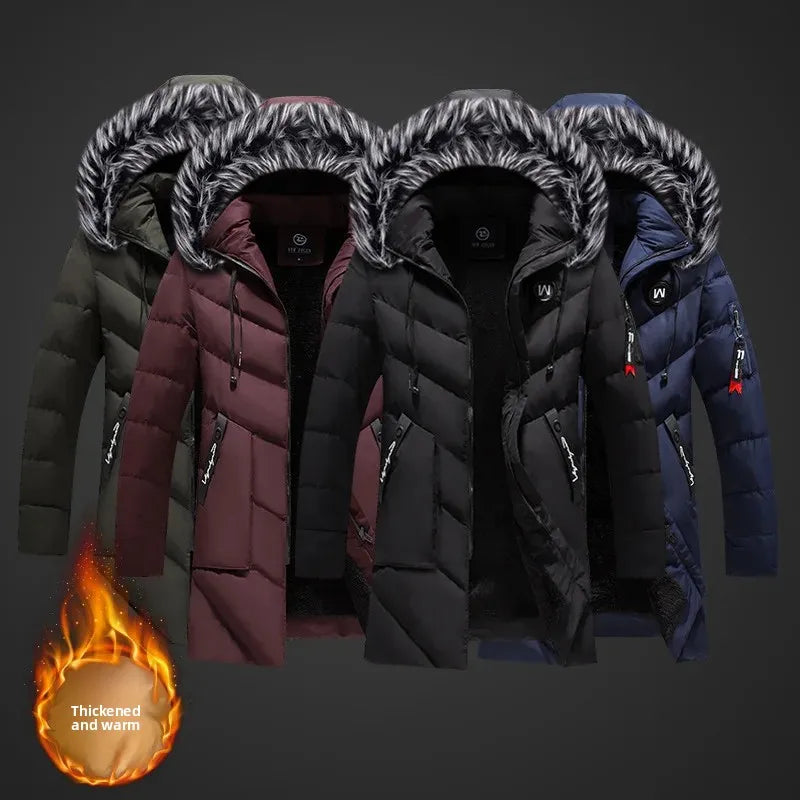 Men's Winter Thick Cotton Parka Casual Long Coat with Removable Hat Slim Fit Warm And Comfortable