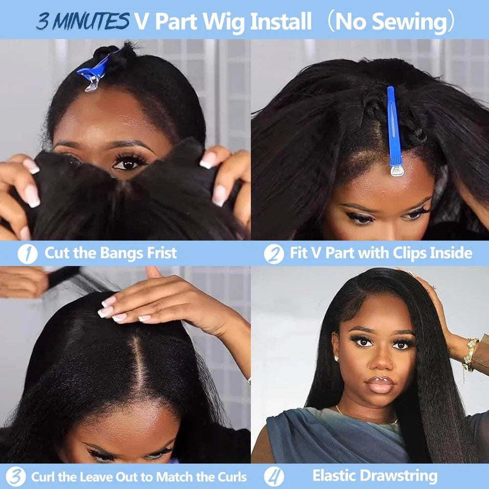V Part 200% Density Kinky Straight 100% Human Hair 16-32 Inch Wig For Women With Drawstring No Leave Out No Sew In Wigs
