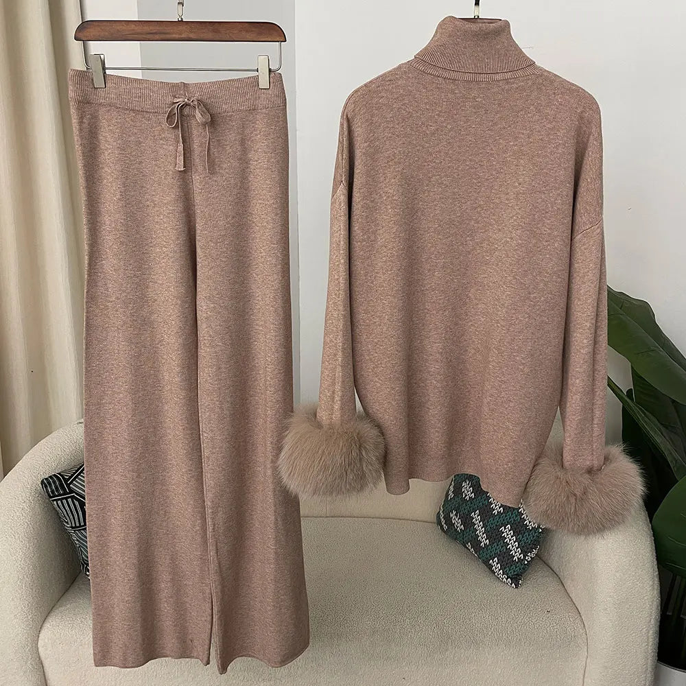 Fashion Autumn Winter Natural Real Fox Fur Cuffs Coat Knitted Sweater Women