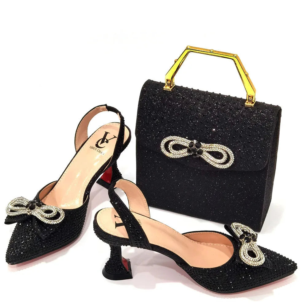 Rhinestone Bow Sequin Pointed Toe Slingback Heels — Shoes Only or With Matching Bag | 6 Colours | EU 37–43