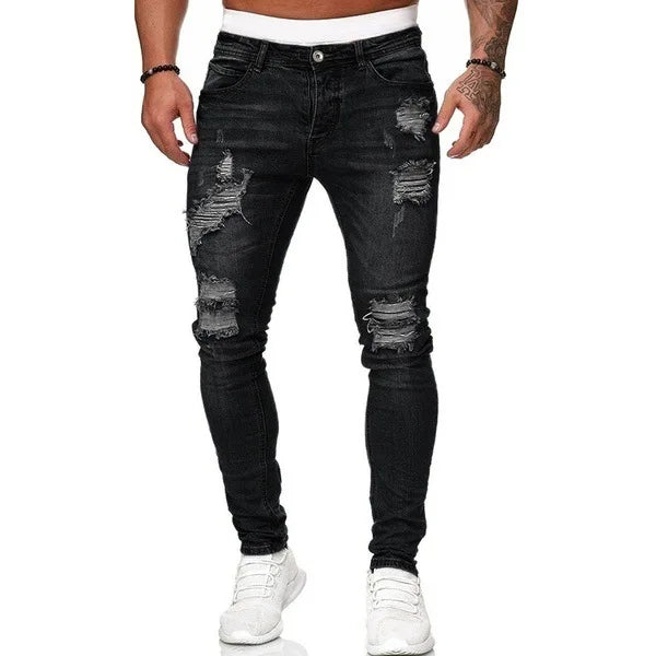 2025 New Fashion Street Style Ripped Skinny Jeans Men Vintage wash Solid Denim