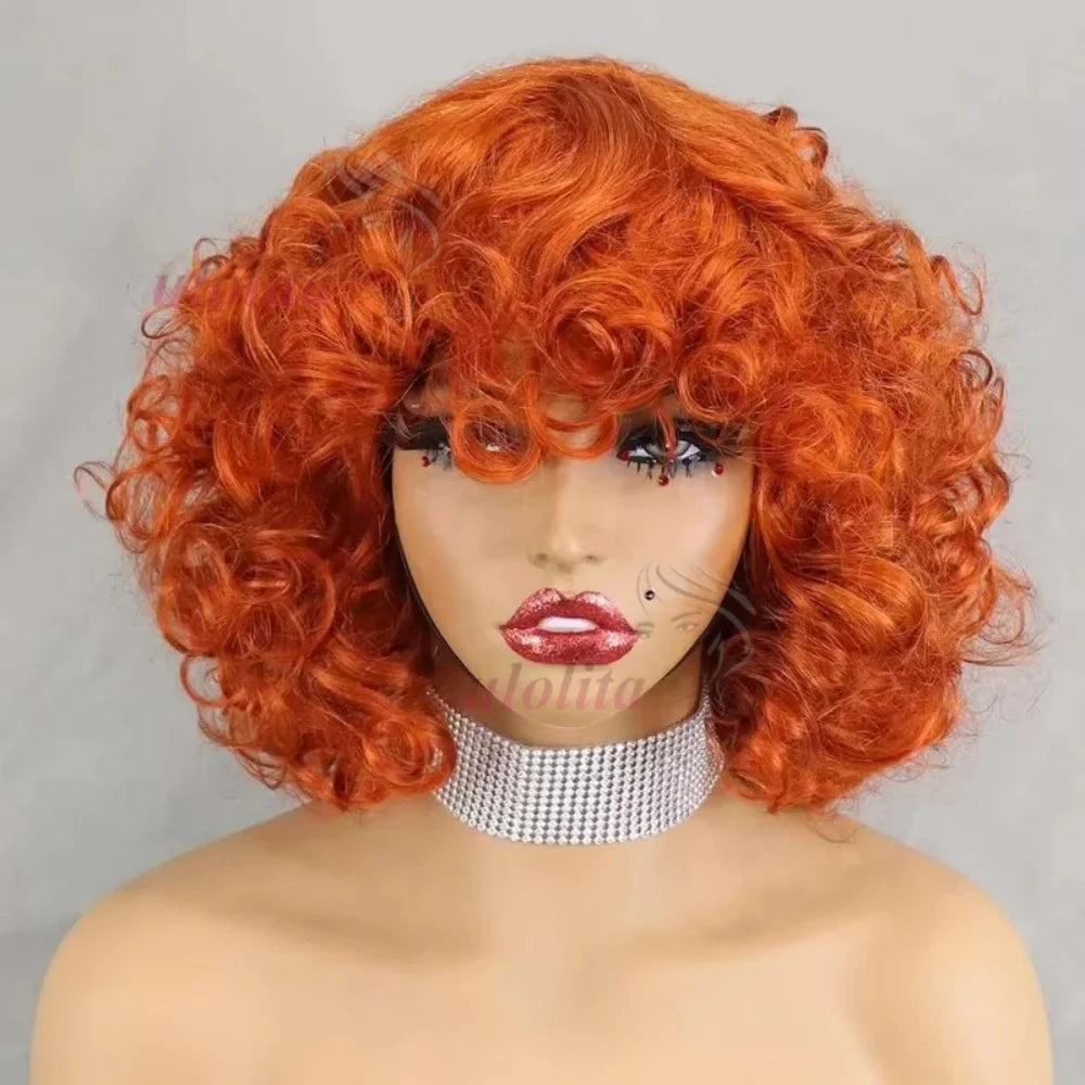 Curly Bob Wig With Bangs | Indian Remy Hair | 200% Density | 99J, 350, Highlight & More