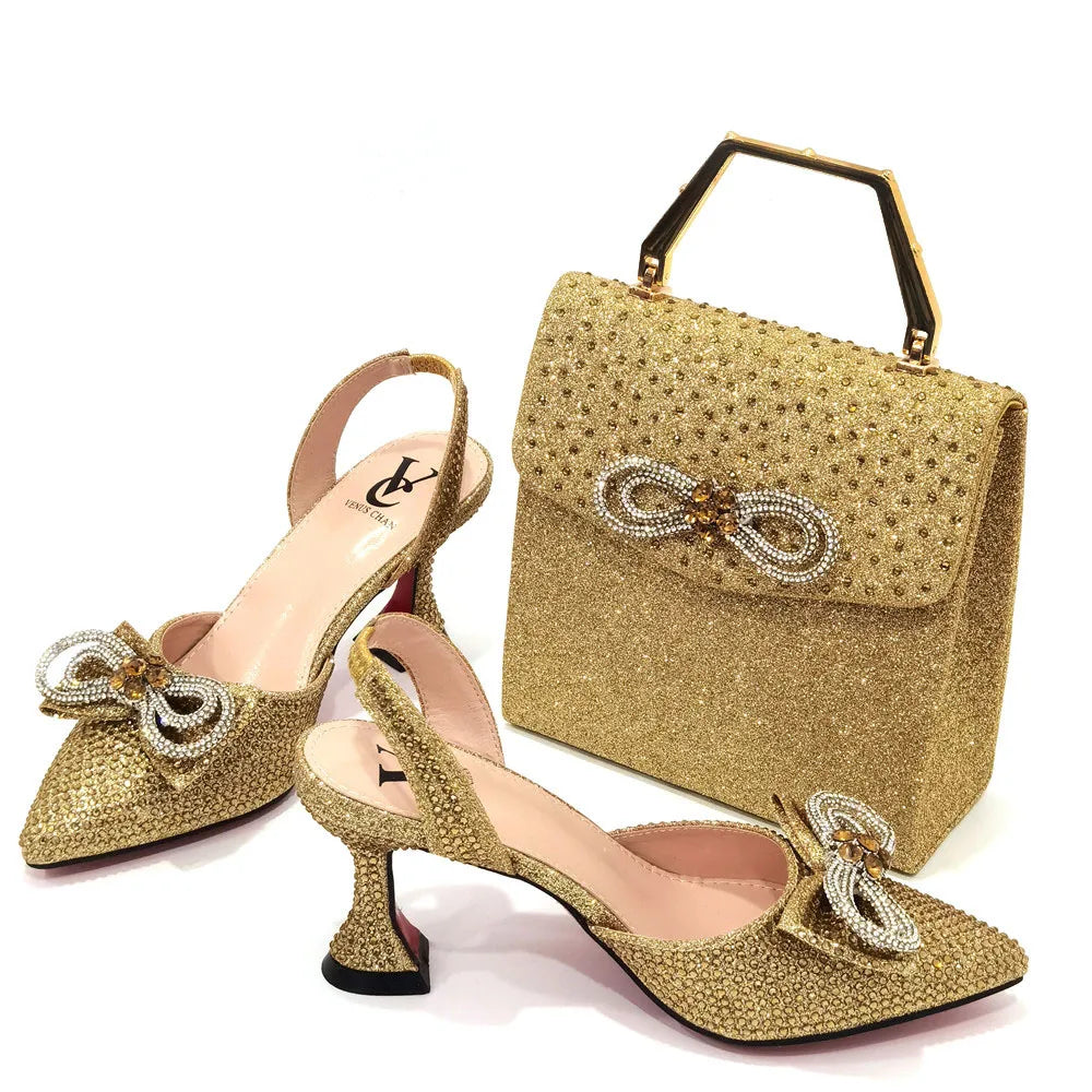 Rhinestone Bow Sequin Pointed Toe Slingback Heels — Shoes Only or With Matching Bag | 6 Colours | EU 37–43