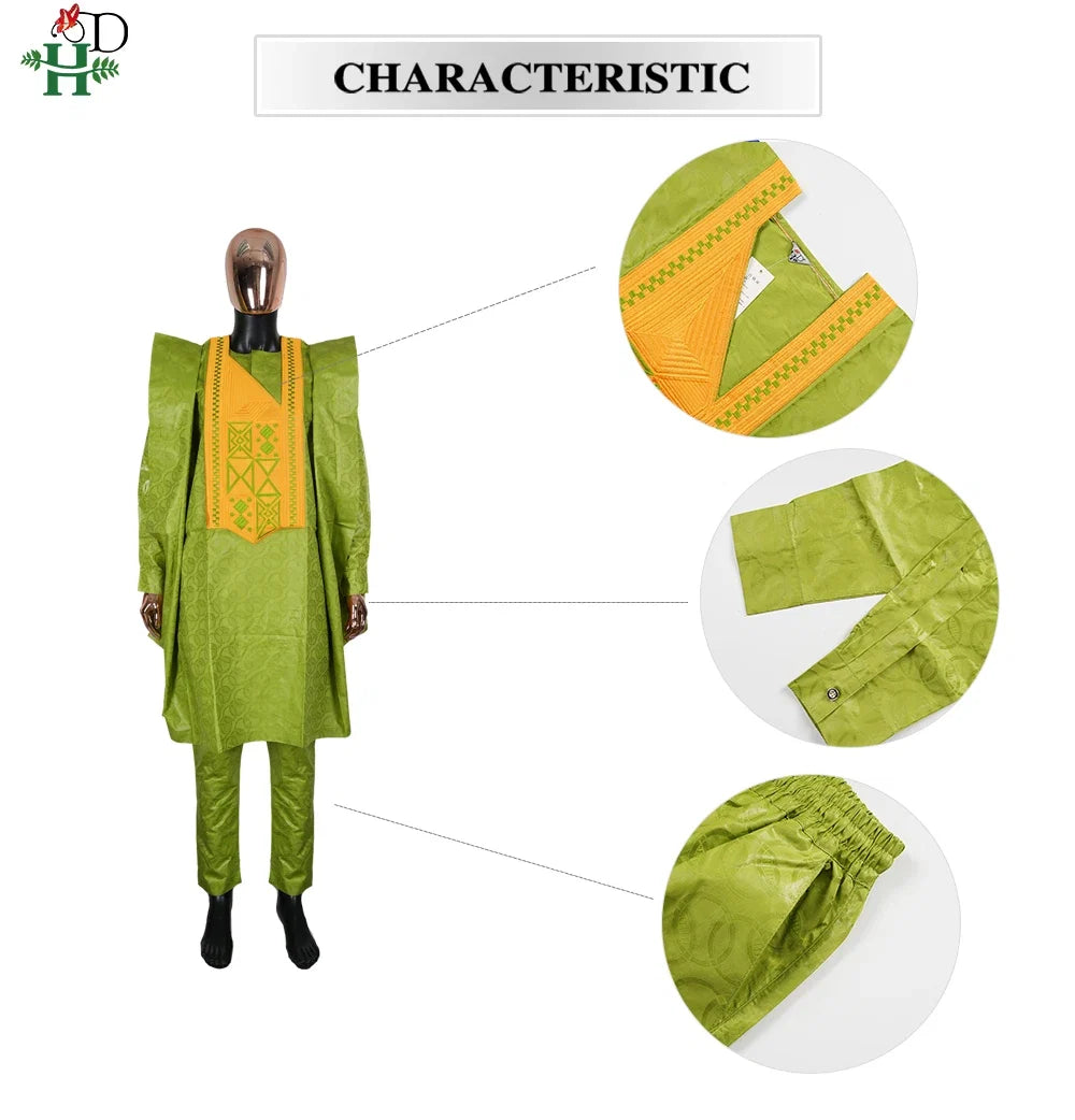 H&D African Clothing For Man Traditional Agbada Sets 3PCS Green Bazin Riche Shirt Pant Embroidery Wedding Party Suits Plus Size
