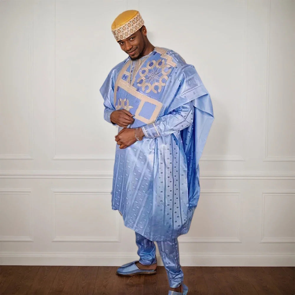 African Traditional Muslim Men Ramadan Embroidery Thobe Bazin Riche Outfits 3PCS Robe Suit Agbada