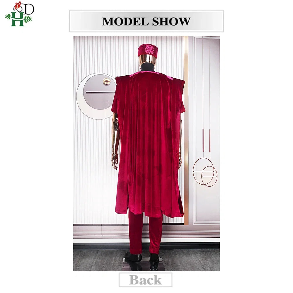African Clothes for Men Clothing High-Quality Pink Embroidery With Hat Flannelette 3 Pcs Set
