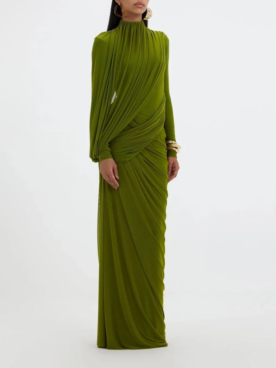 Women's Elegant Vintage Spliced Ribbon Turtleneck Long Sleeve Evening Maxi Dress