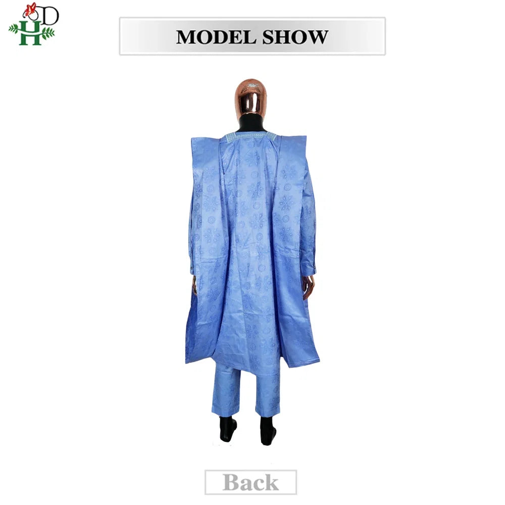 African Embroidery Blue Gown  Men Elegant Thobe 3 PC Top and Pants Suits Set