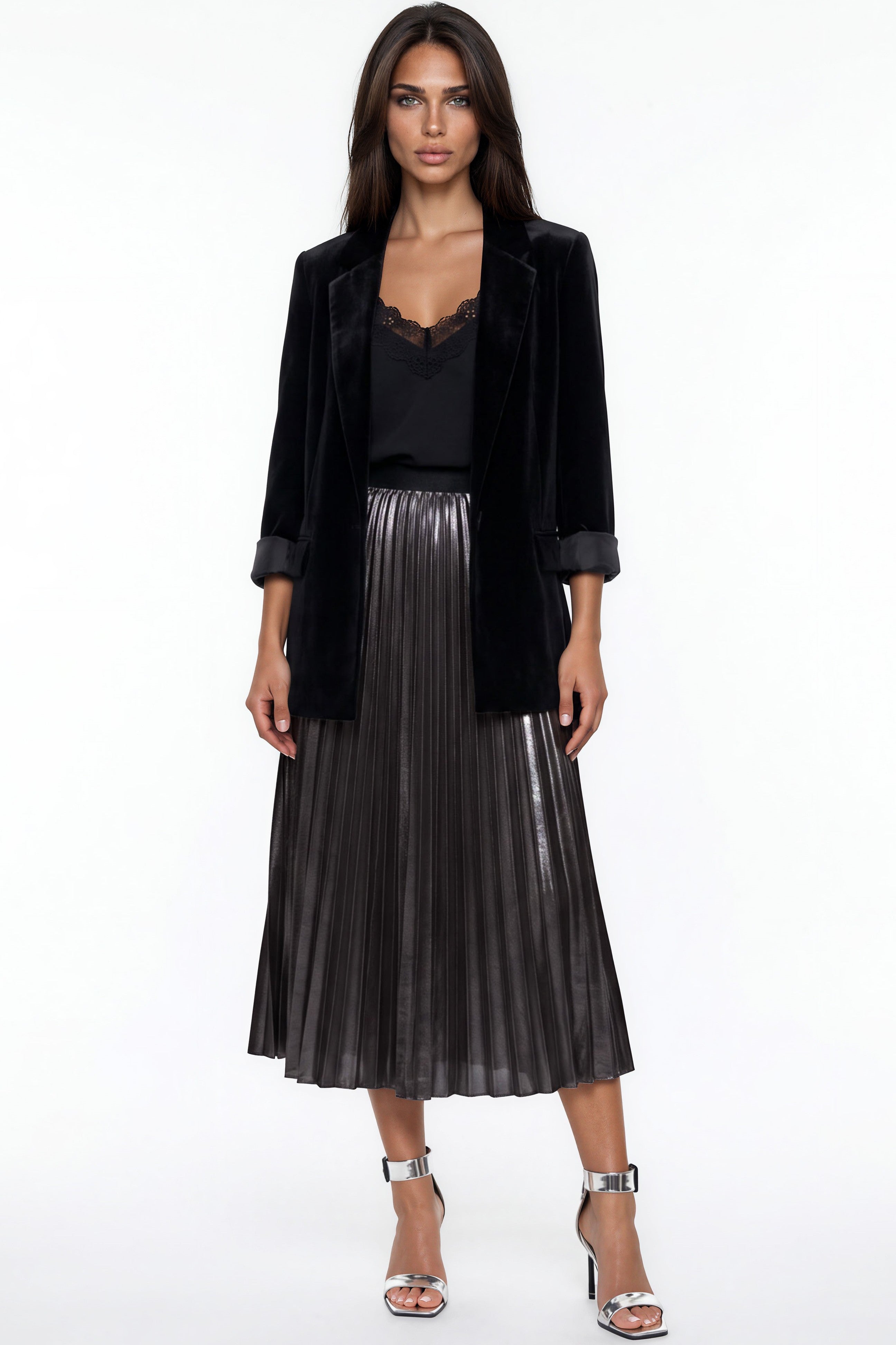 Black Satin Pleated Midi Skirt