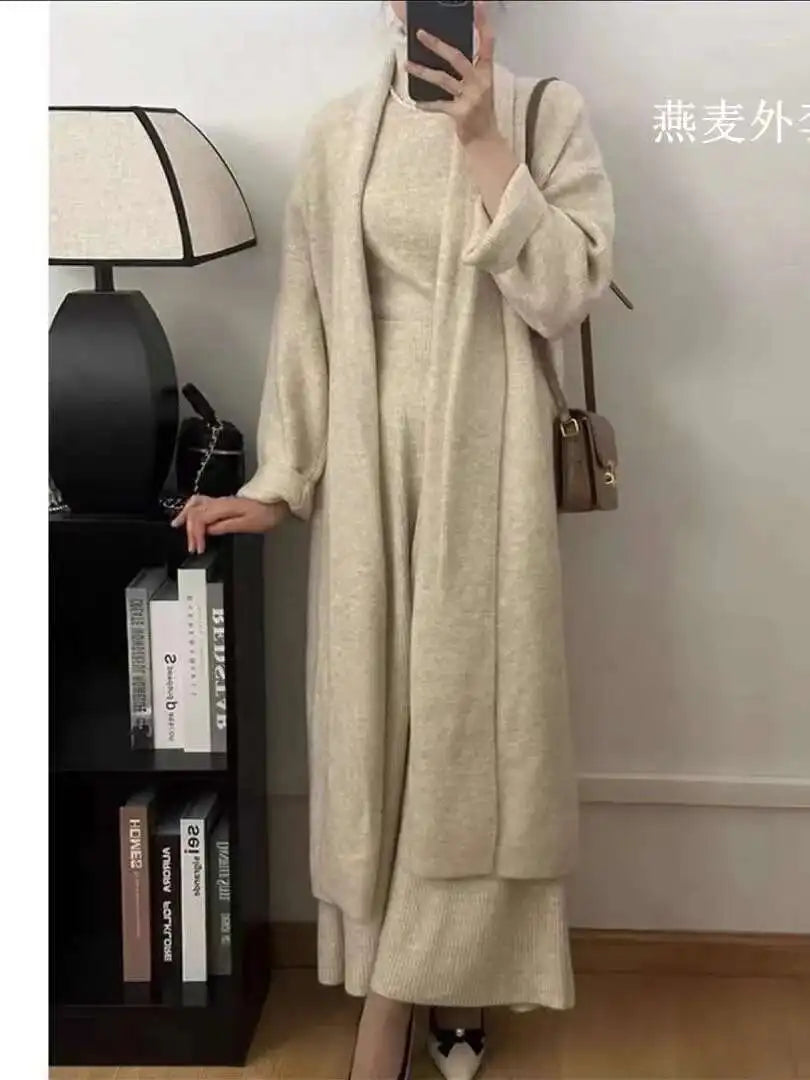 Elegant Knitted 3 Piece Set Women Long Cardigan Coat Sleeveless Vest High Waist A-line Long Skirt