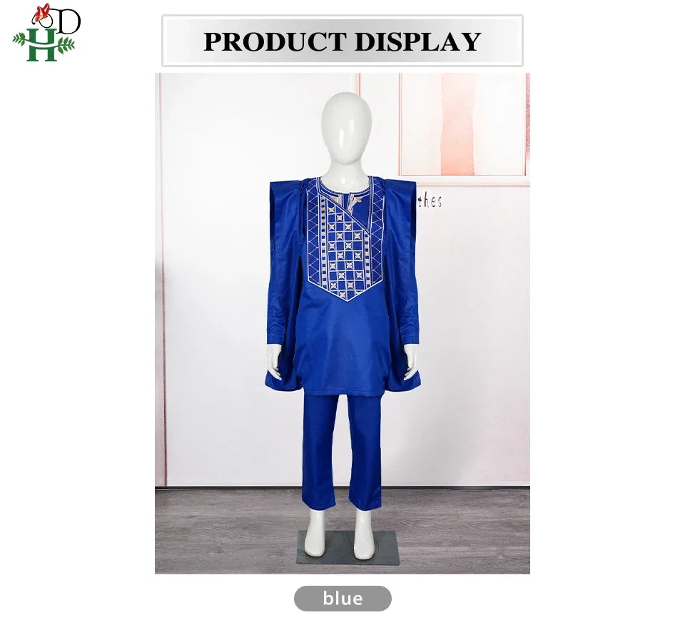 Boys White Blue Long Sleeve Tops Embroidery Dashiki Robe Shirt And Pant Set 3 PCS