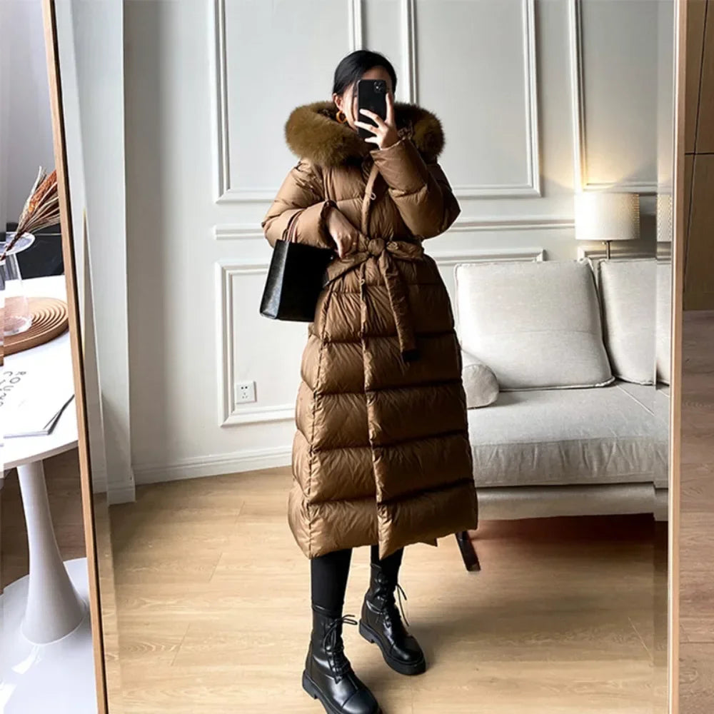 Winter Women's Ultra Light Warm Faux Fur Parka with Hooded Long Duck down Jacket White with Fur Collar Casual Snow Coat