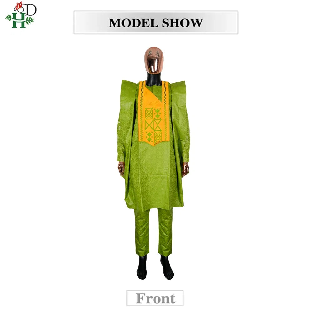 H&D African Clothing For Man Traditional Agbada Sets 3PCS Green Bazin Riche Shirt Pant Embroidery Wedding Party Suits Plus Size
