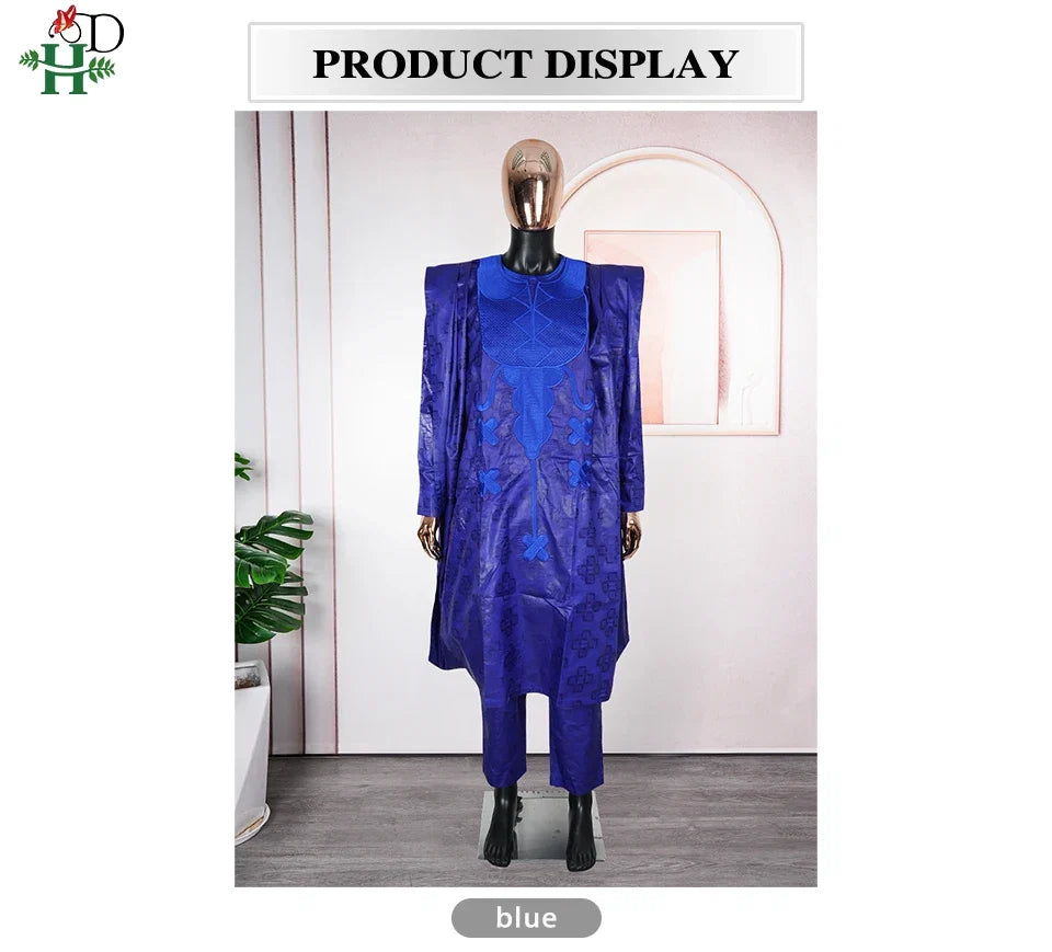 Men's African Traditional 3PCS Outfit  Blue Bazin Riche Agbada Embroidered Robe