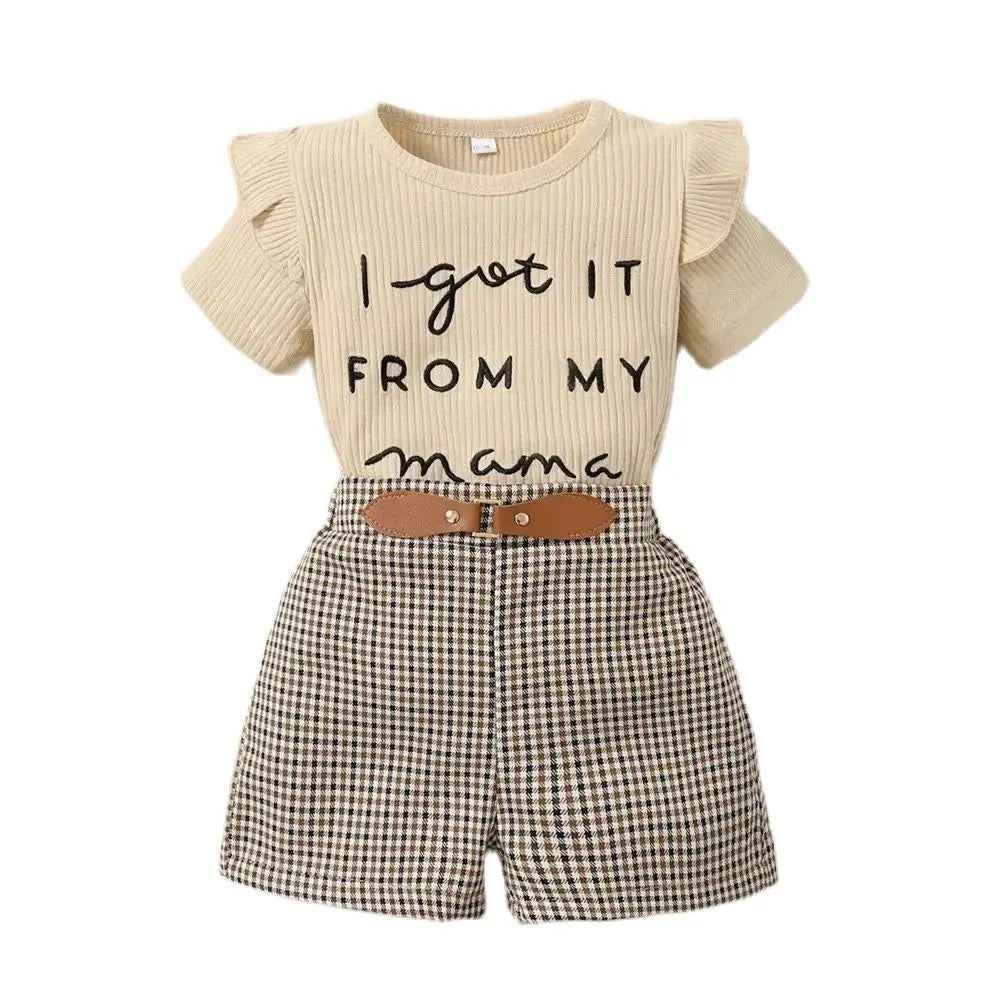 2PCS Toddler Baby Girl Clothing Set Letter Print Short Sleeve Top+Checkered