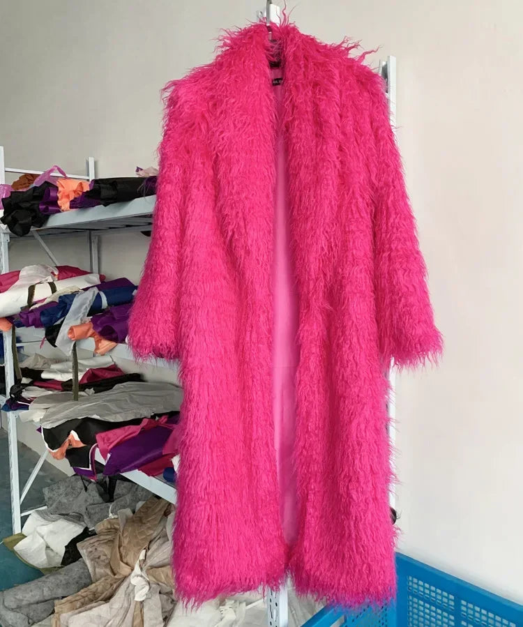 Faux Fur Jacket Women Long Coat Thick Fluffy Winter Warm Shaggy Overcoat Open Stitch Outerwear Turn Down Collar High Street