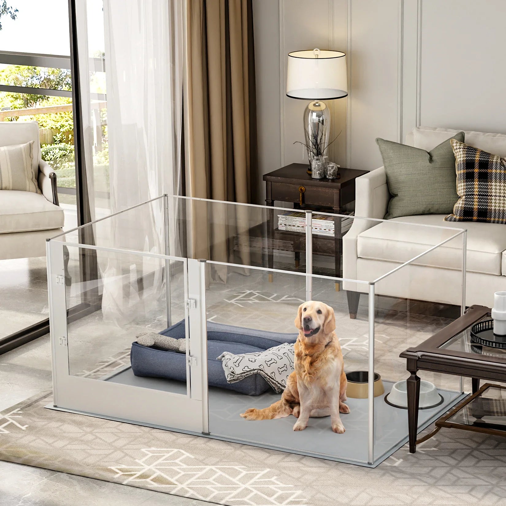Large Acrylic Dog Playpen Fence, 6 Panels, Heavy Duty Pet Kennels Crate, Whelping Box with Waterproof Mat