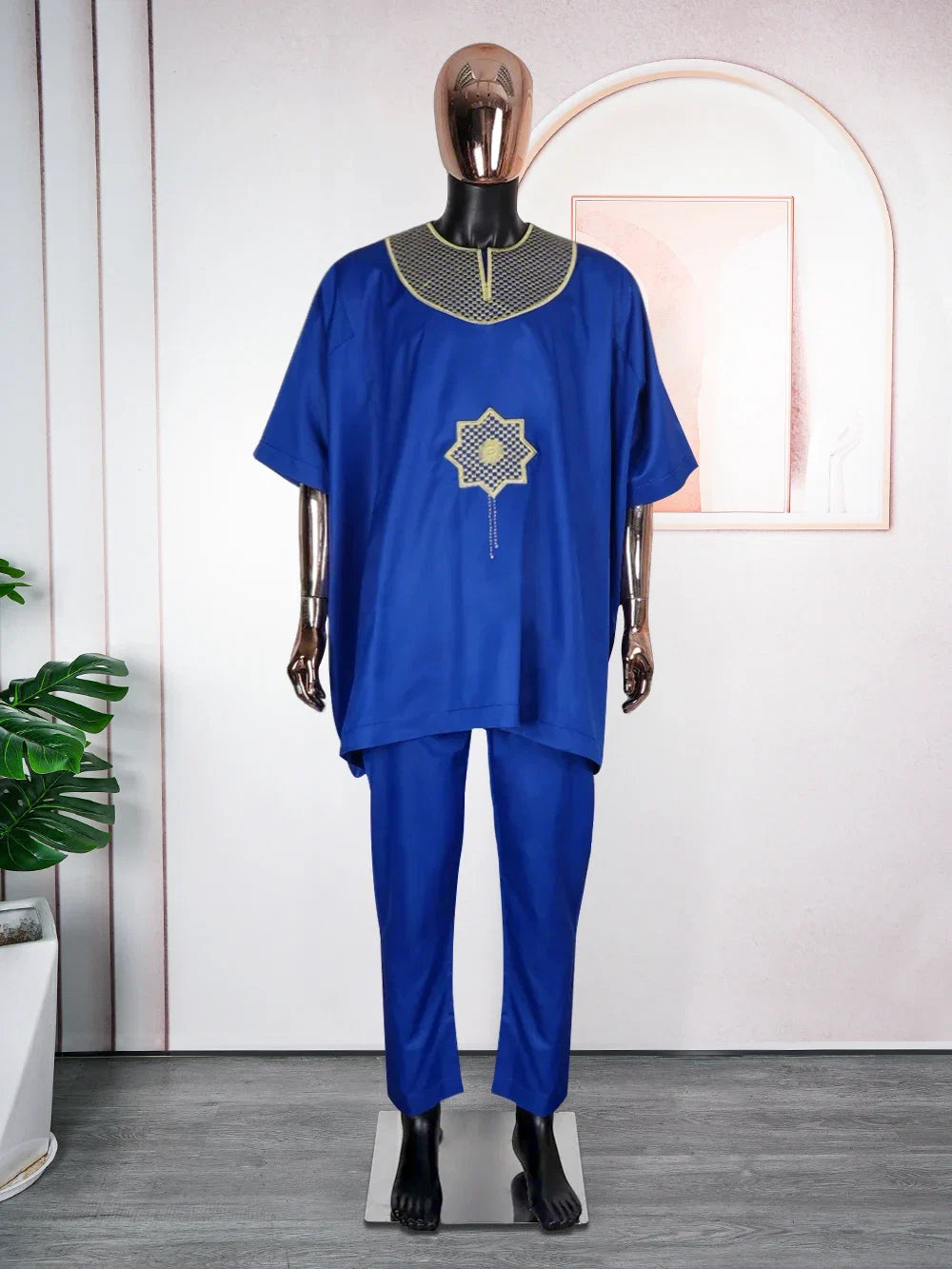 African Clothes for Men 2 Pieces Set Blue Embroidered Tops and Pants Traditional Clothing Rich Bazin