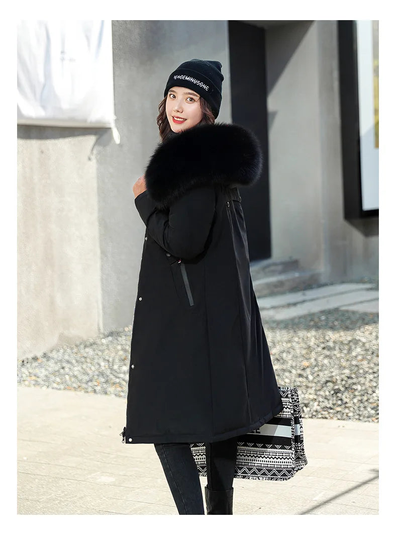Women's Double-Sided Color Block Parka Winter Jacket with Big Fur Collar Hooded Zipper Pockets Long Sleeve Casual Overcoat
