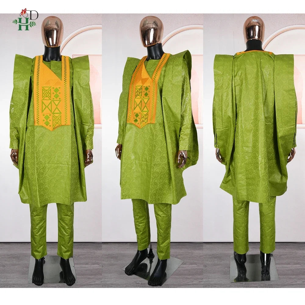 H&D African Clothing For Man Traditional Agbada Sets 3PCS Green Bazin Riche Shirt Pant Embroidery Wedding Party Suits Plus Size