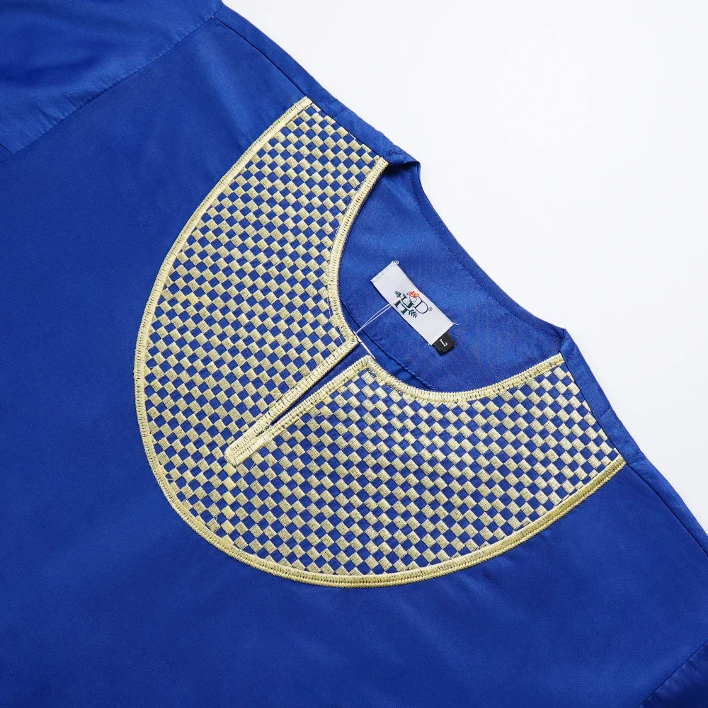 African Clothes for Men 2 Pieces Set Blue Embroidered Tops and Pants Traditional Clothing Rich Bazin