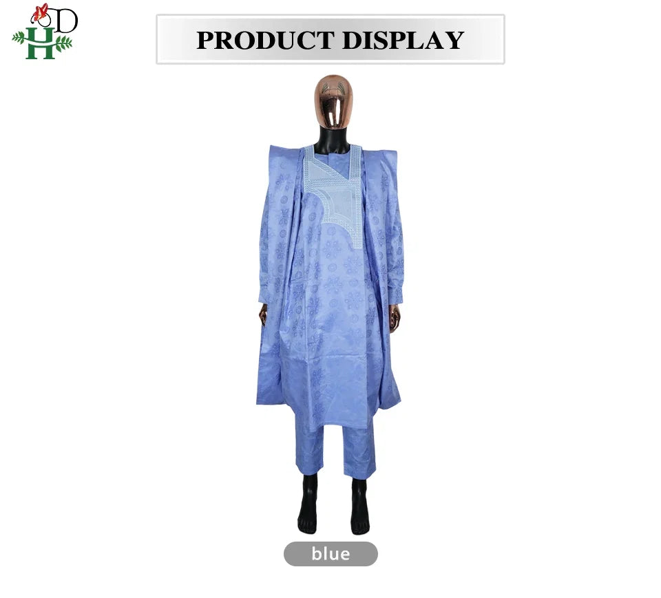 African Embroidery Blue Gown  Men Elegant Thobe 3 PC Top and Pants Suits Set