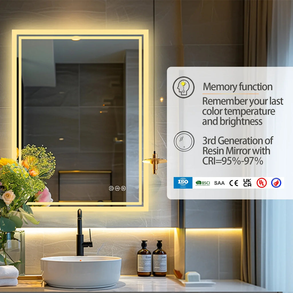 LED Light Bathroom Mirror Illuminated Wall Mounted Vanity Makeup Anti-Fog Rectangle 3 Colors Touch Light